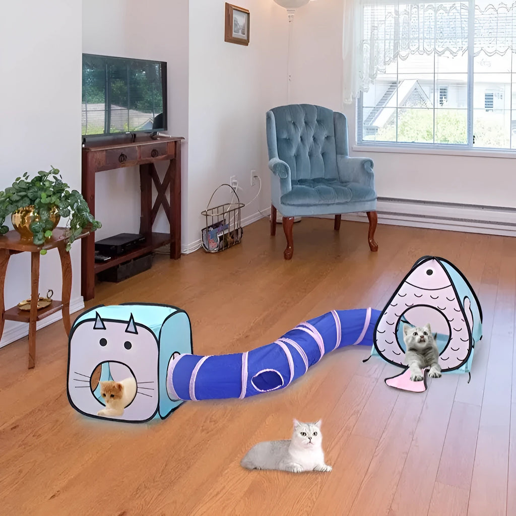 Foldable cat play tent and tunnel set with blue and white cat and fish print.