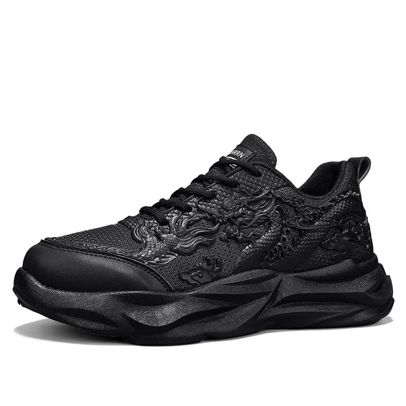 Casual Loong breathable sneakers in a dragon pattern colourway with a fly knit upper and rubber sole.