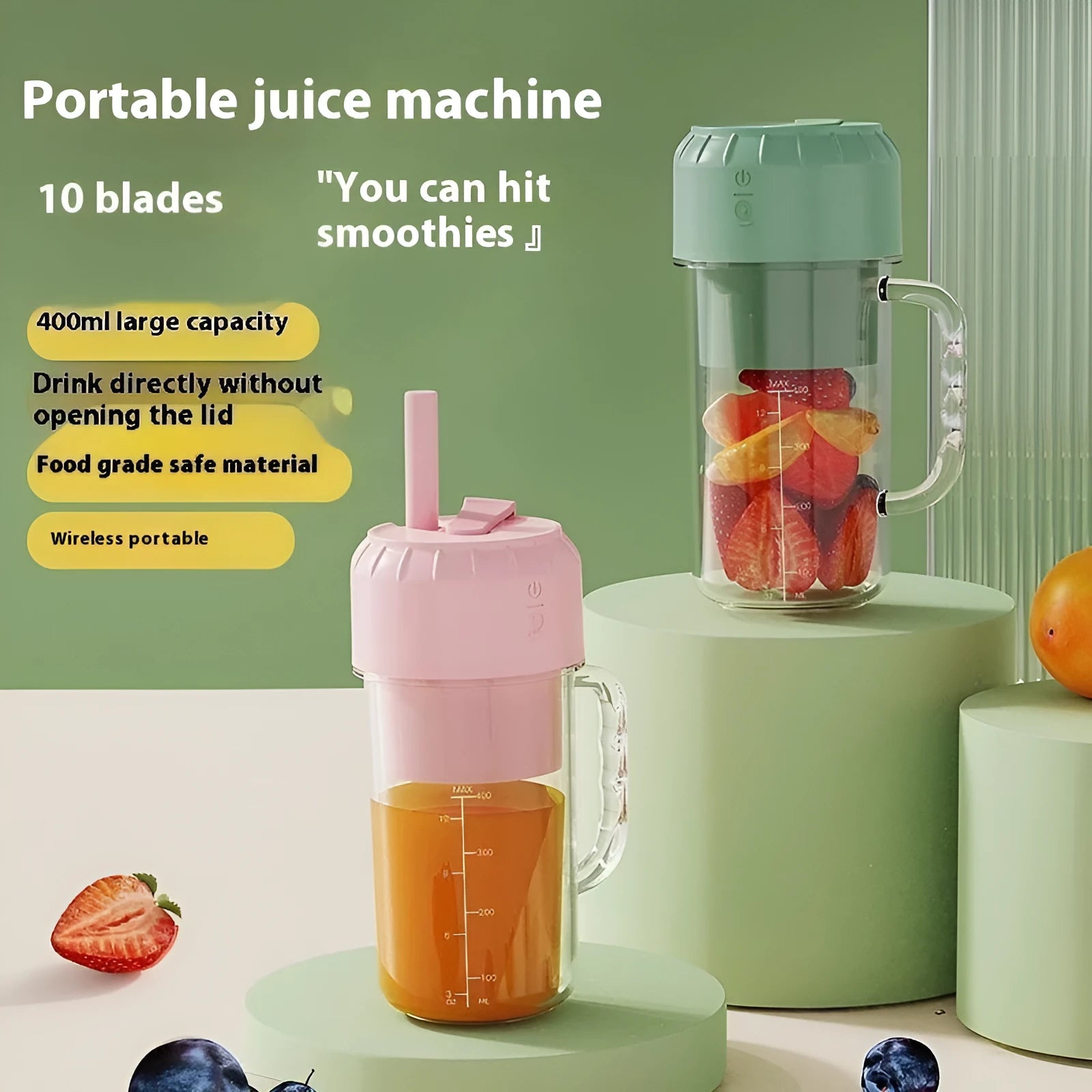 USB-powered portable juicer in avocado green or cherry blossom pink with multiple blade options