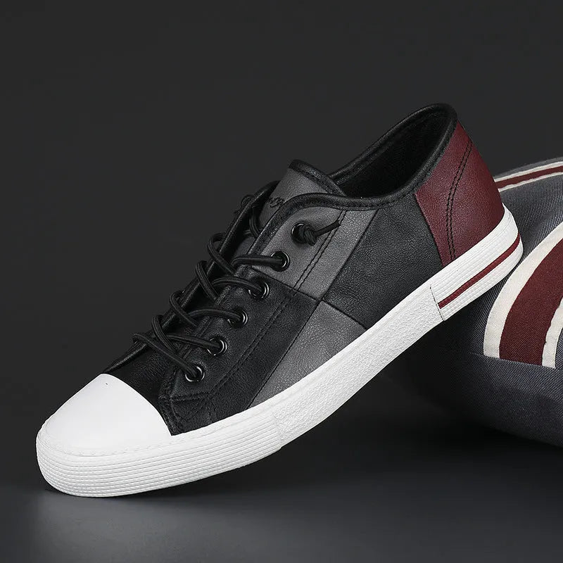 Men's colour matching leather shoes with round toe and elastic band closure in black and white colour option