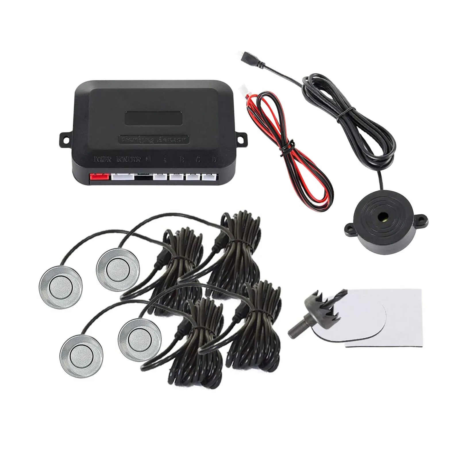 4-probe car reversing radar system with buzzer module, sensors, and installation tools