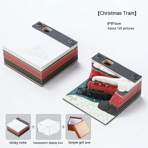 3D sticky notes pad with carved Qingshui Temple paper cover in Christmas Train colours.