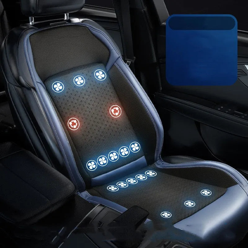 Single-seat car cooling pad with minimalist solid-colour design, shown in blue and black options.