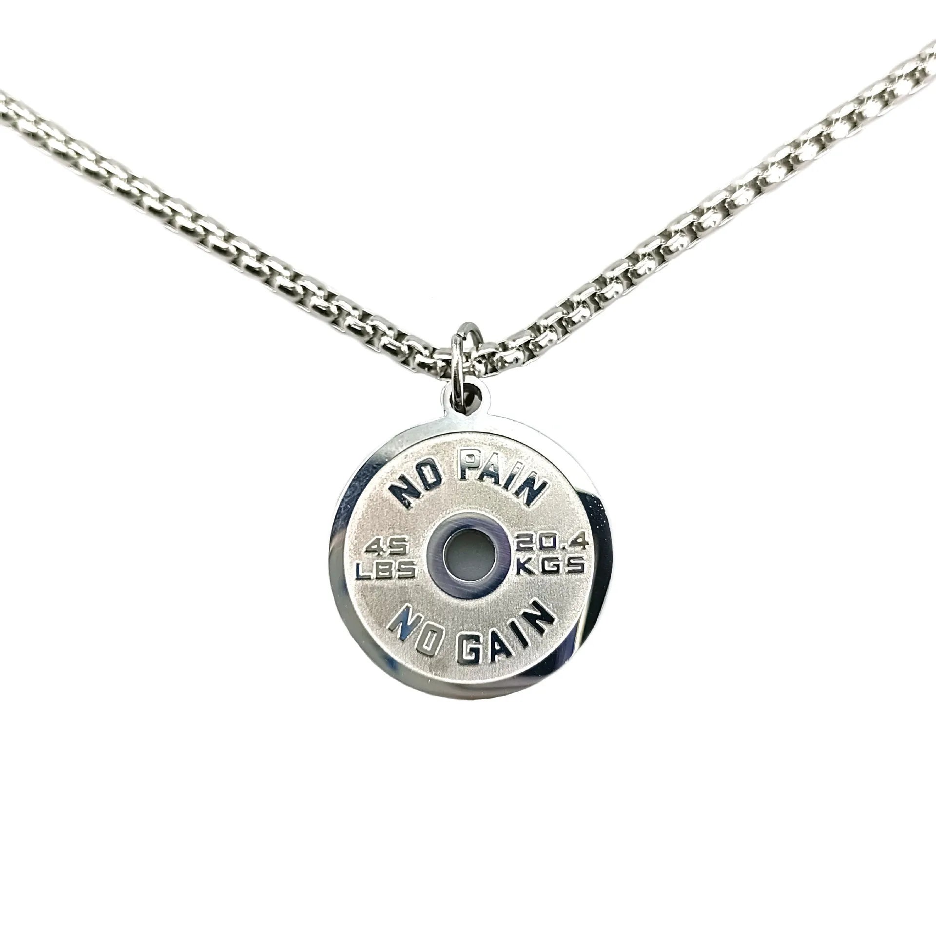 Stainless steel barbell disk geometric pendant necklace on a choice of 60cm chain.