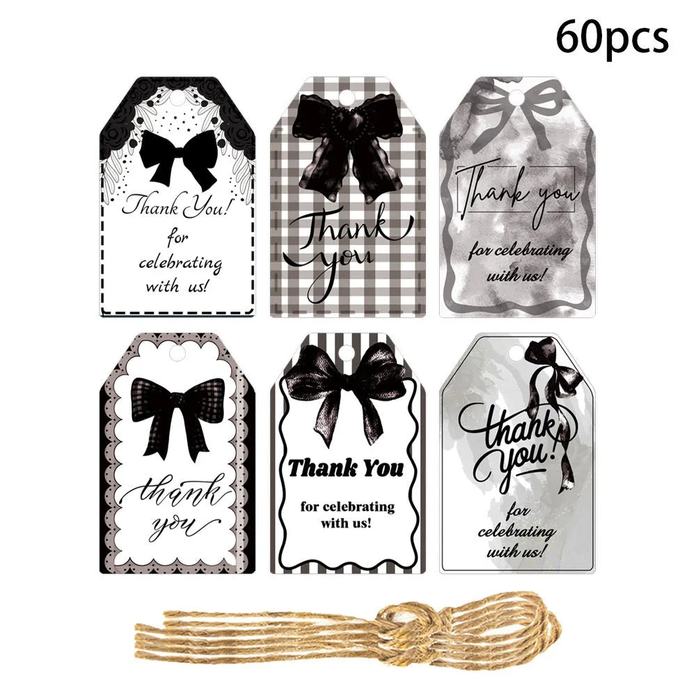 Birthday gift tags with bowknot decoration in three style variations including hemp rope ties