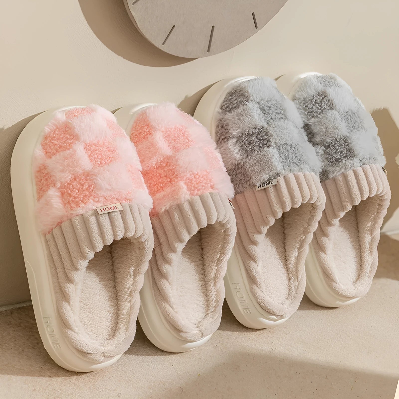 Women's plaid patterned plush slippers with coral velvet upper and non-slip PVC sole in coffee colour.