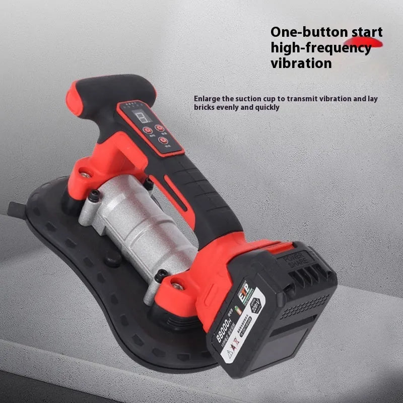 21V cordless tile laying machine with adjustment dial, shown with batteries for automatic tile pasting.