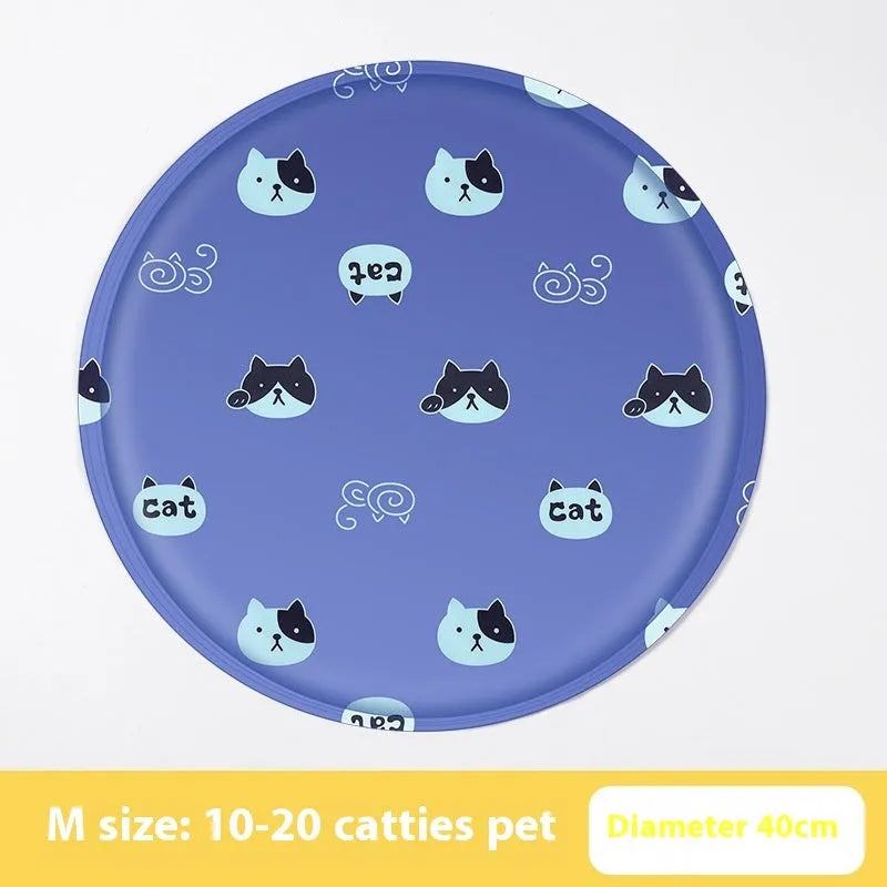 Round cartoon-themed dog cooling mat on a floor, showing gel-filled design and soft cloth cover.