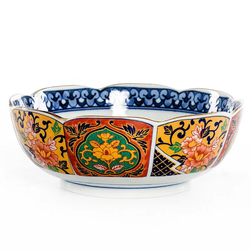 Japanese style ceramic 4-inch bowls with peony and floral patterns in retro gold, yellow and green colours