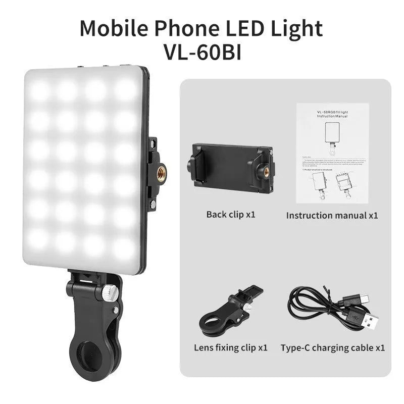 Portable LED fill light clipped onto mobile phone for photography and live streaming