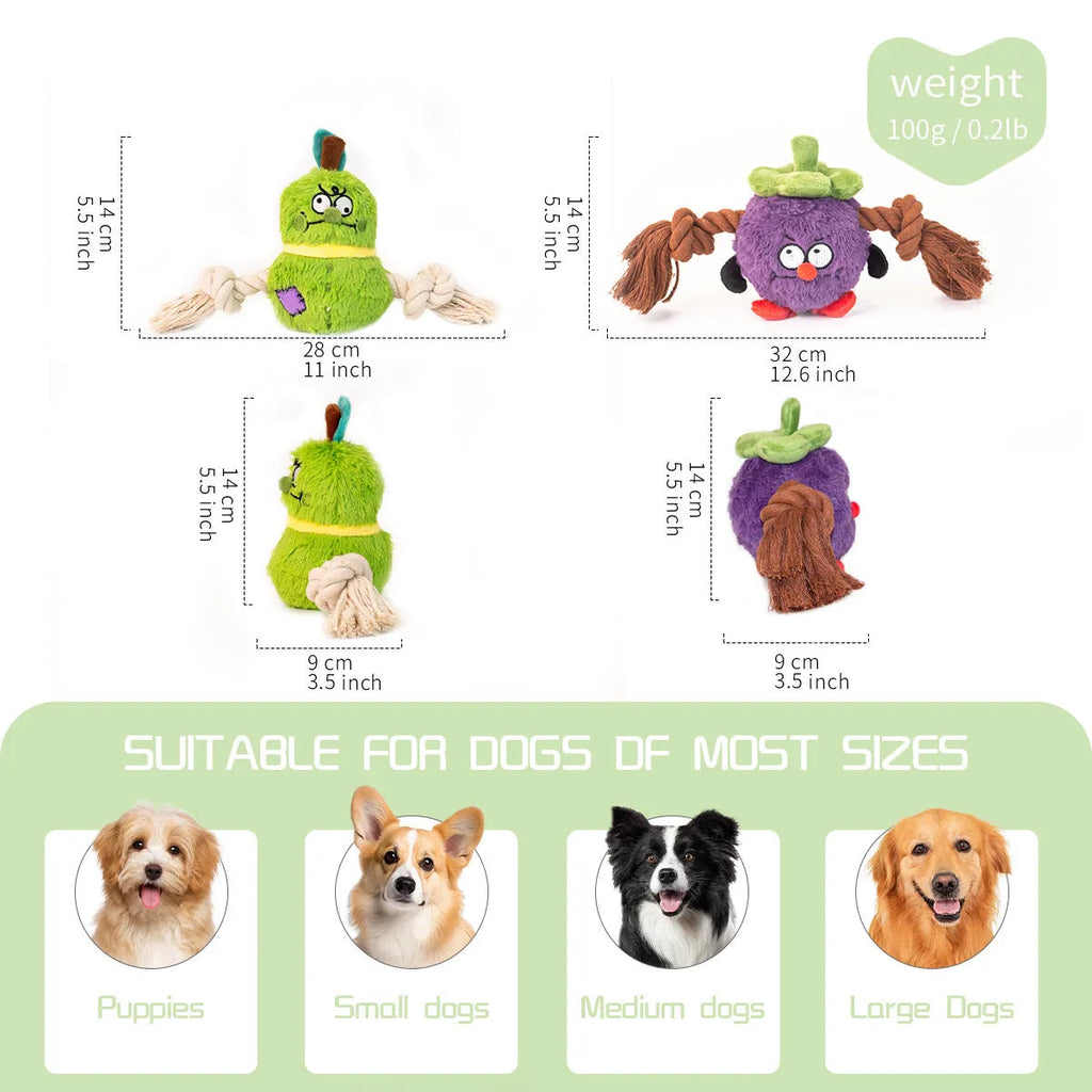 Interactive plush rope knot dog toy in green or purple for tug of war and teeth cleaning