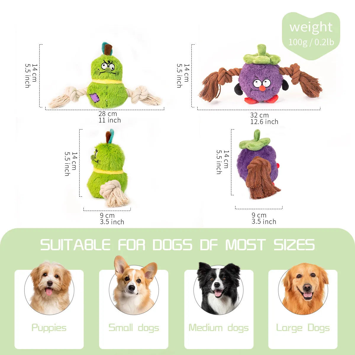 Interactive plush rope knot dog toy in green or purple for tug of war and teeth cleaning