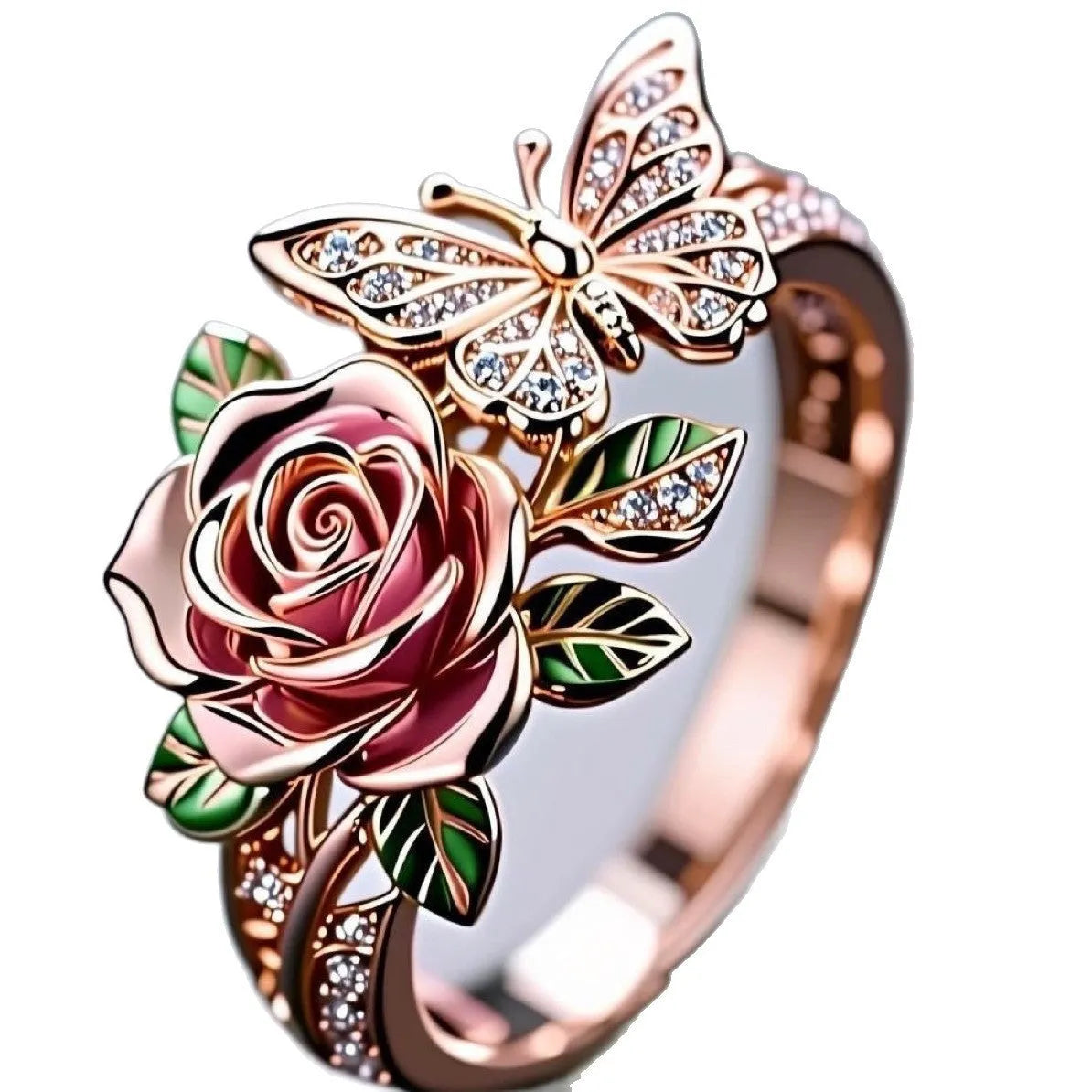Adjustable oil drop butterfly ring with rose and floral design in alloy metal
