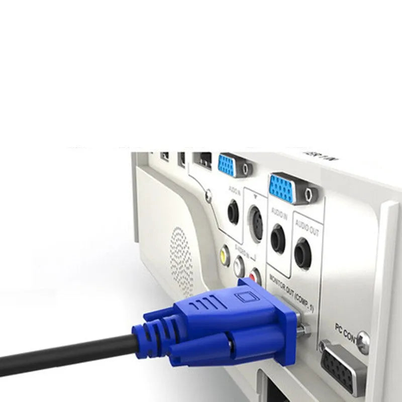 Black VGA video cable with blue connector heads and nickel-plated terminals, length 1.5m