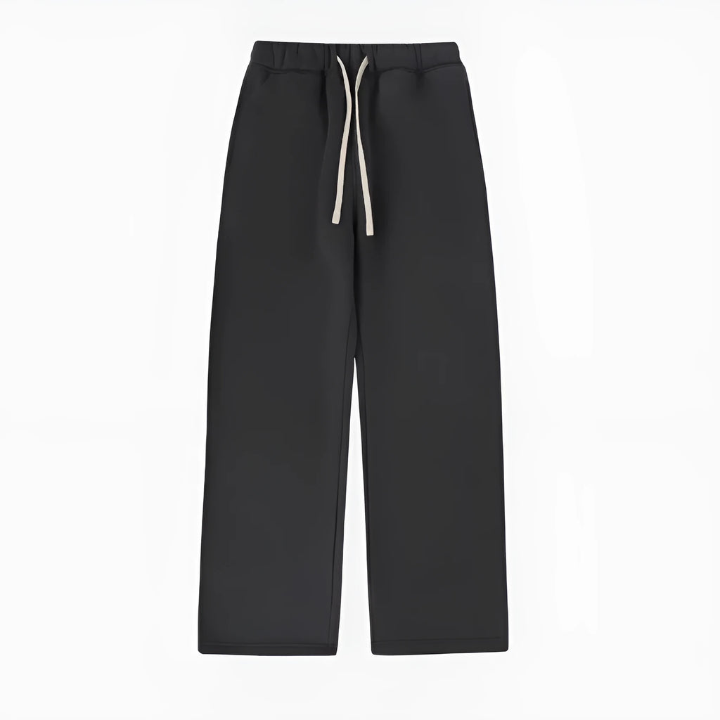 Men's black fleece-lined sweatpants with an elastic drawstring waistband shown in a loose fit.