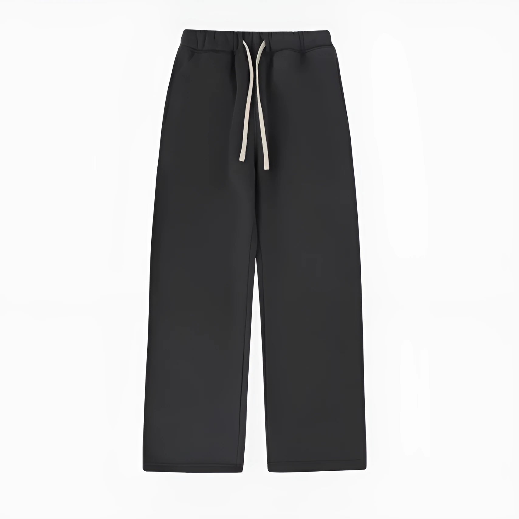 Men's black fleece-lined sweatpants with an elastic drawstring waistband shown in a loose fit.