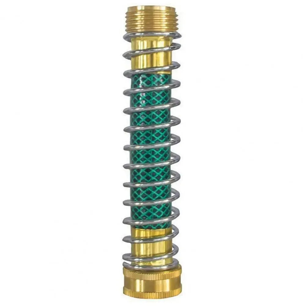 Brass garden hose connector with visible spiral spring, shown next to a measuring tape indicating 15 cm length.