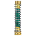 Brass garden hose connector with visible spiral spring, shown next to a measuring tape indicating 15 cm length.