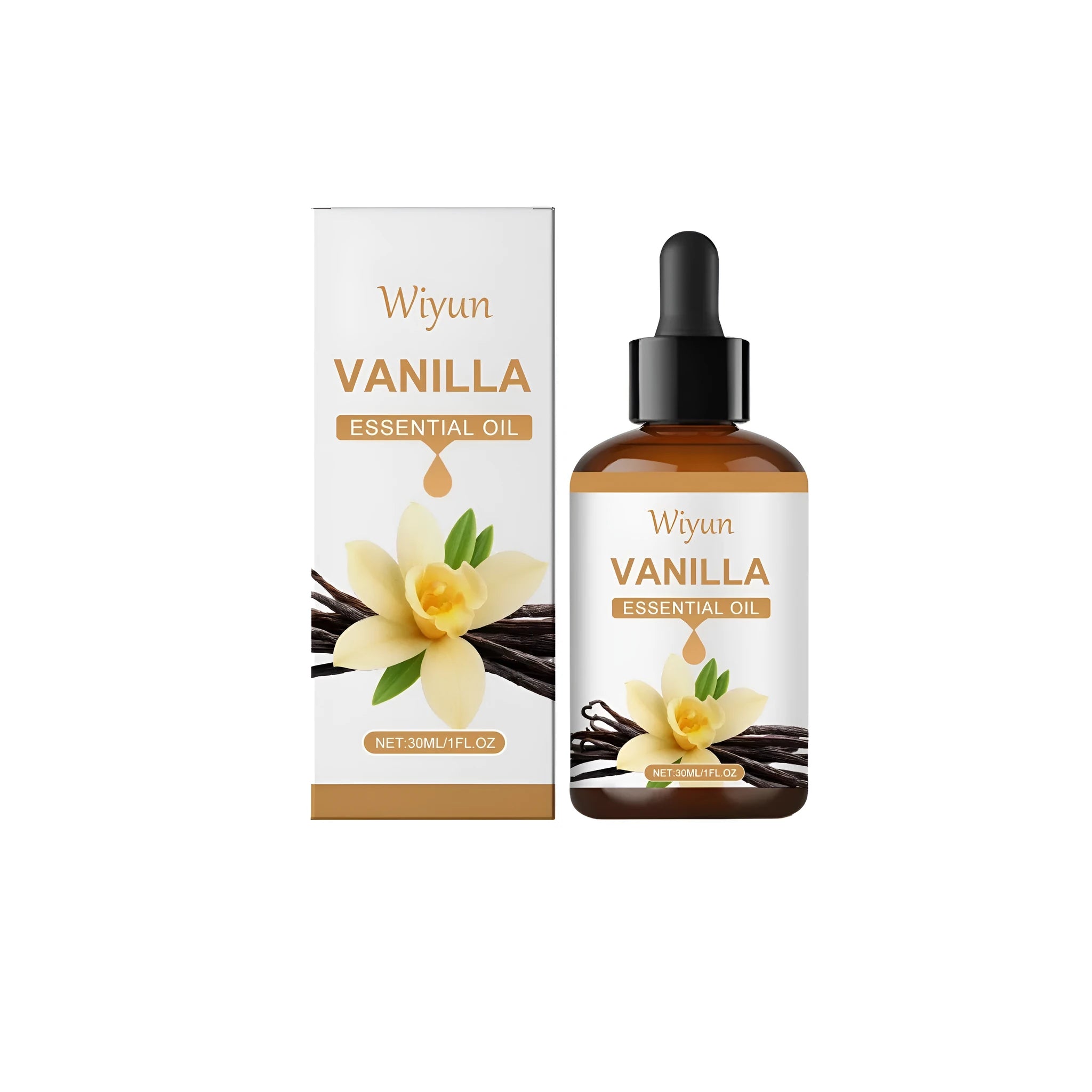 30ml bottle of vanilla flavored body oil with glycerin and vitamin E for skin care