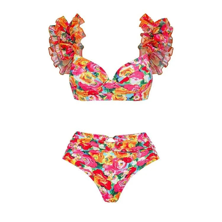 Women's floral print push up bikini with high-waist split design on mannequin