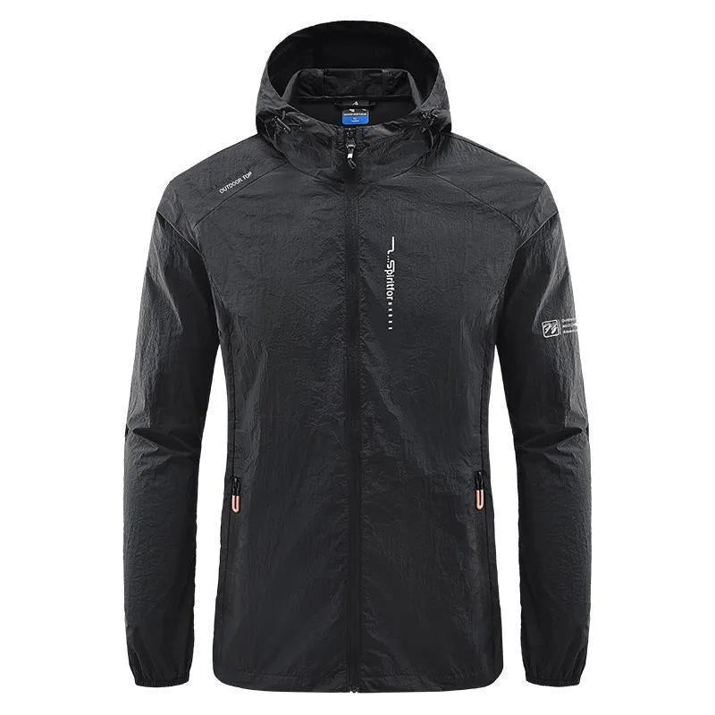 Men's lightweight nylon hooded jacket in light grey colour for summer outdoor sun protection