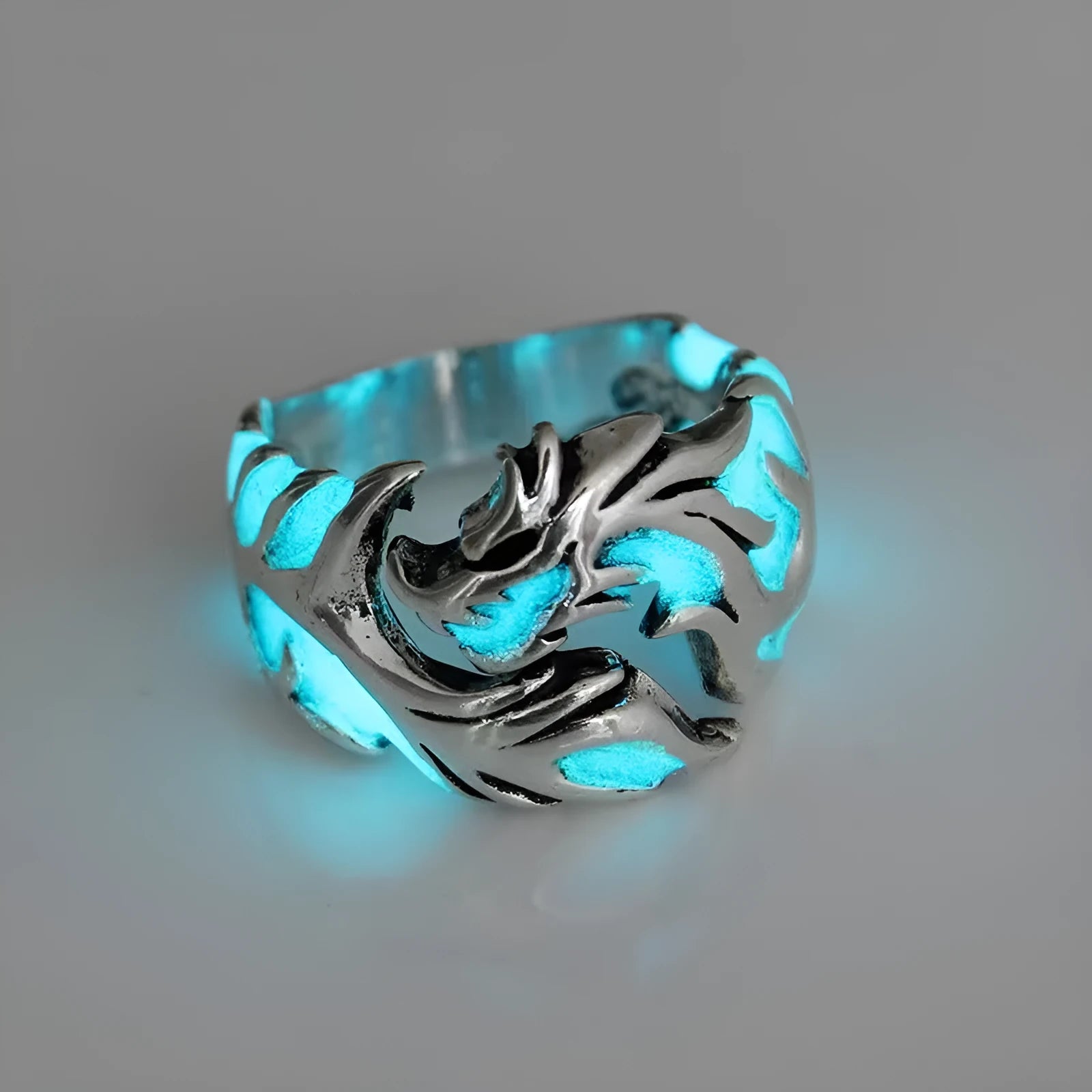 Adjustable Chinese dragon pattern ring with antique silver blue and green electroplated finish