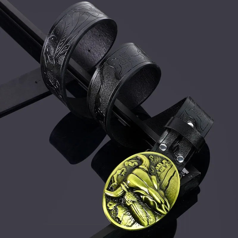 Men's black imitation leather belt with detailed cow head alloy buckle and pin closure