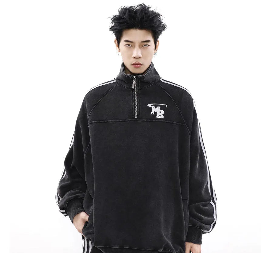 Black Hong Kong style stand collar sports hoodie with long sleeves