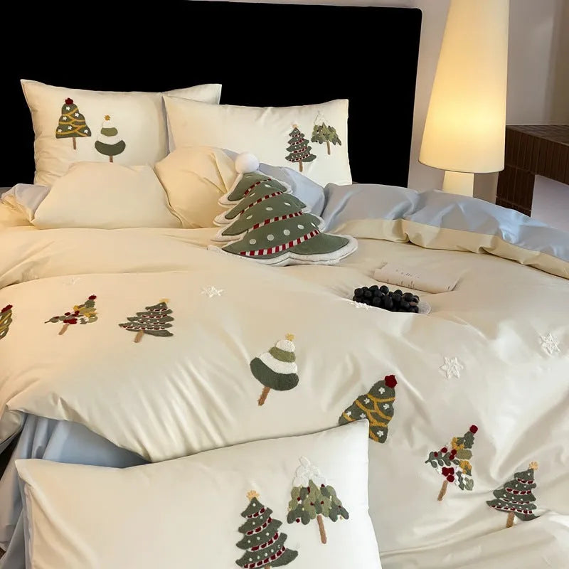 Christmas tree towel embroidery on pure cotton bedding set with botanical patterns