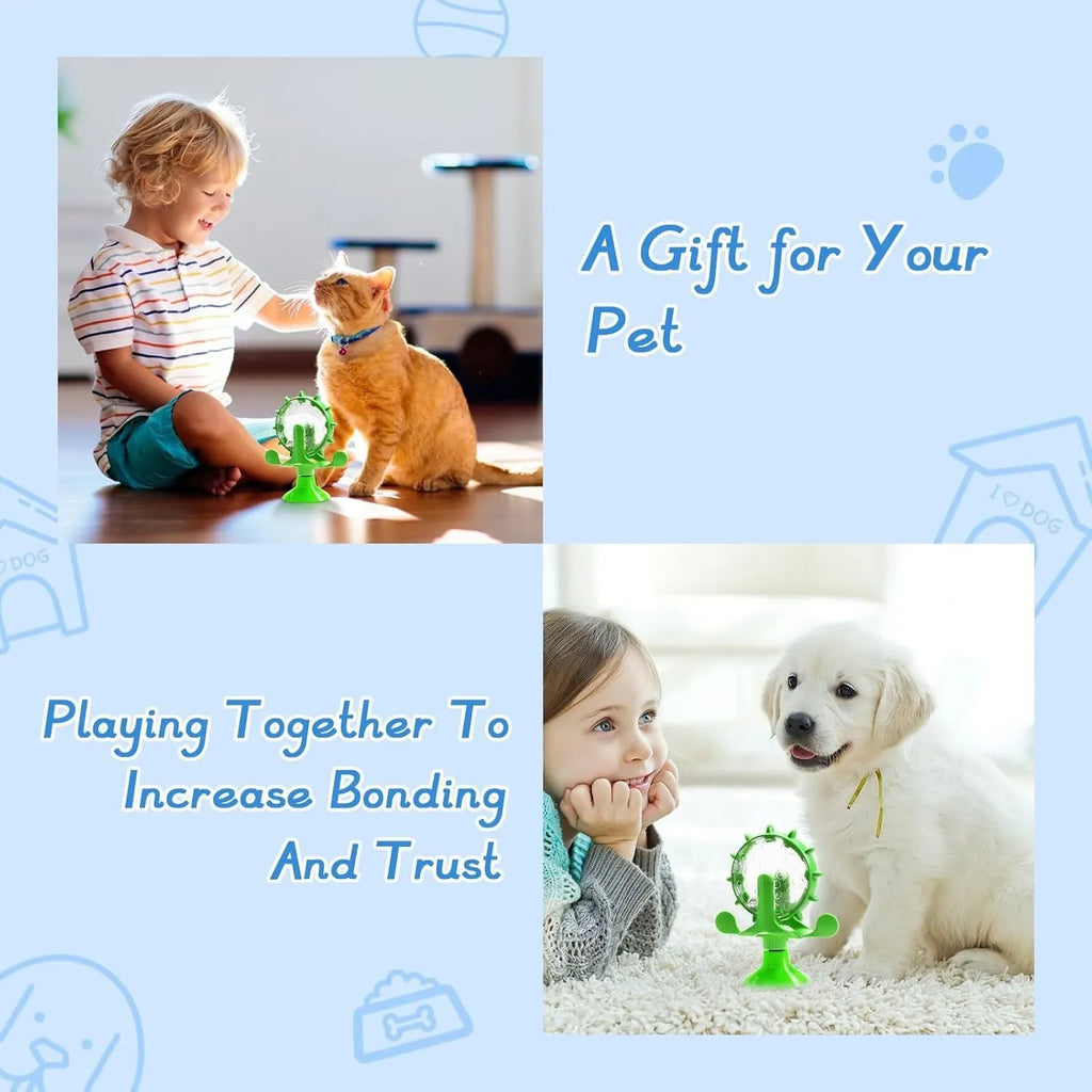 Blue interactive pet puzzle feeder toy with rotating spinner and sucker base for cats and dogs