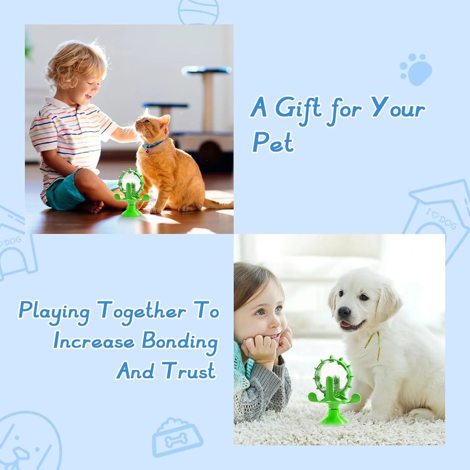 Blue interactive pet puzzle feeder toy with rotating spinner and sucker base for cats and dogs
