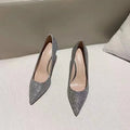Women's black and silver wedding stiletto heels with crystal decoration on PU material