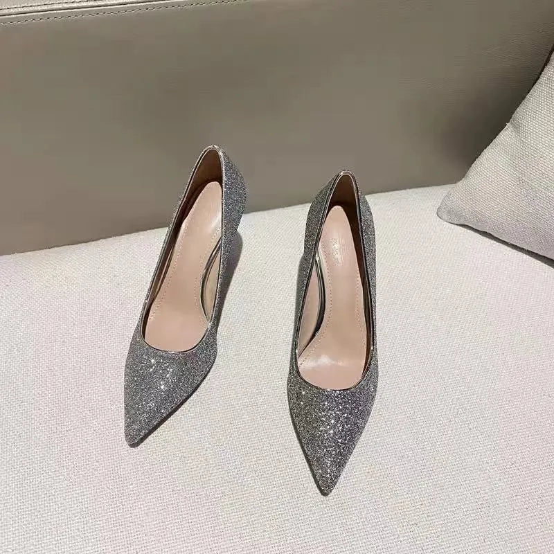 Women's black and silver wedding stiletto heels with crystal decoration on PU material