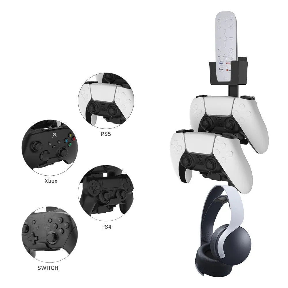 White ABS plastic wall hook holding PlayStation and Xbox game controllers