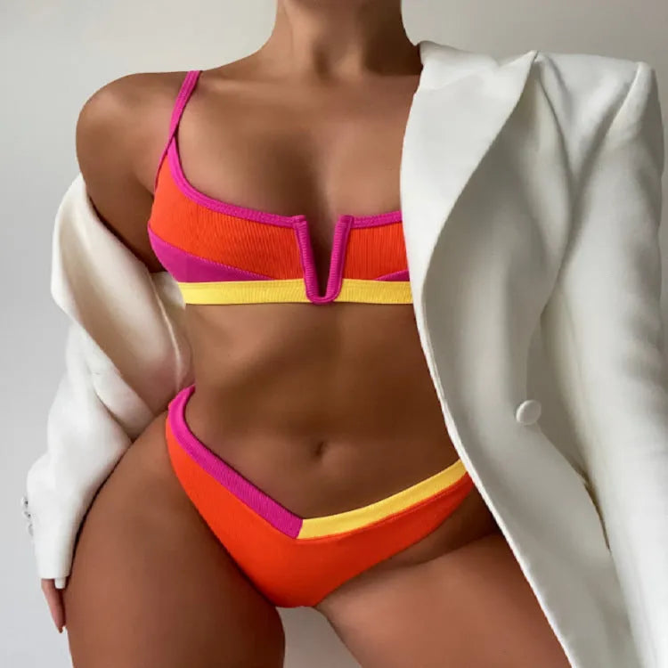 Women's high-waist triangle split swimsuit in polyester fabric with multiple colour options