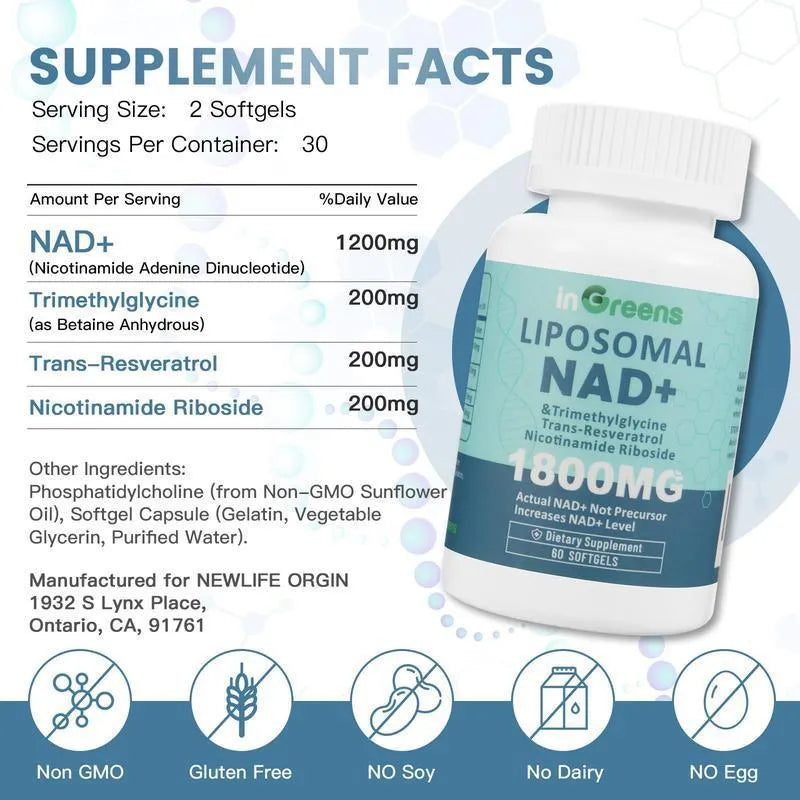 Bottle of NMN gel capsules dietary supplement showing 60 or 120 count options