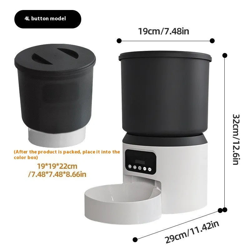 4L smart pet feeder with Wi-Fi and camera on floor next to cat, showing mobile app control interface.