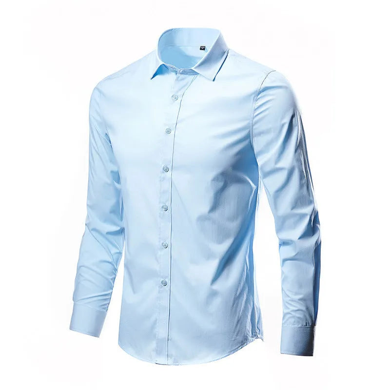 Man wearing a long-sleeve linen shirt in a slim loose fit, available in multiple colours.