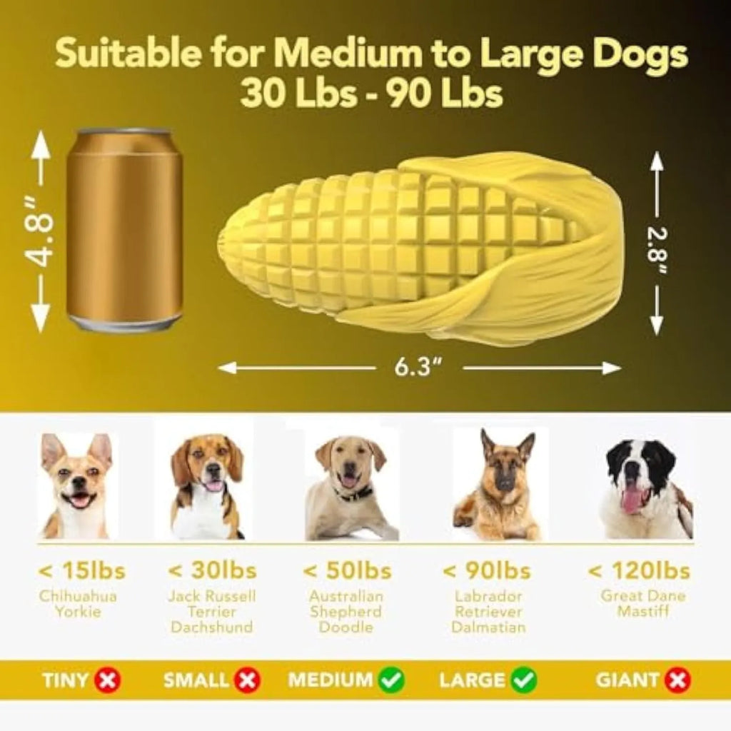 Blue and yellow corn-shaped dog chew toy for aggressive chewers with surface texture grooves