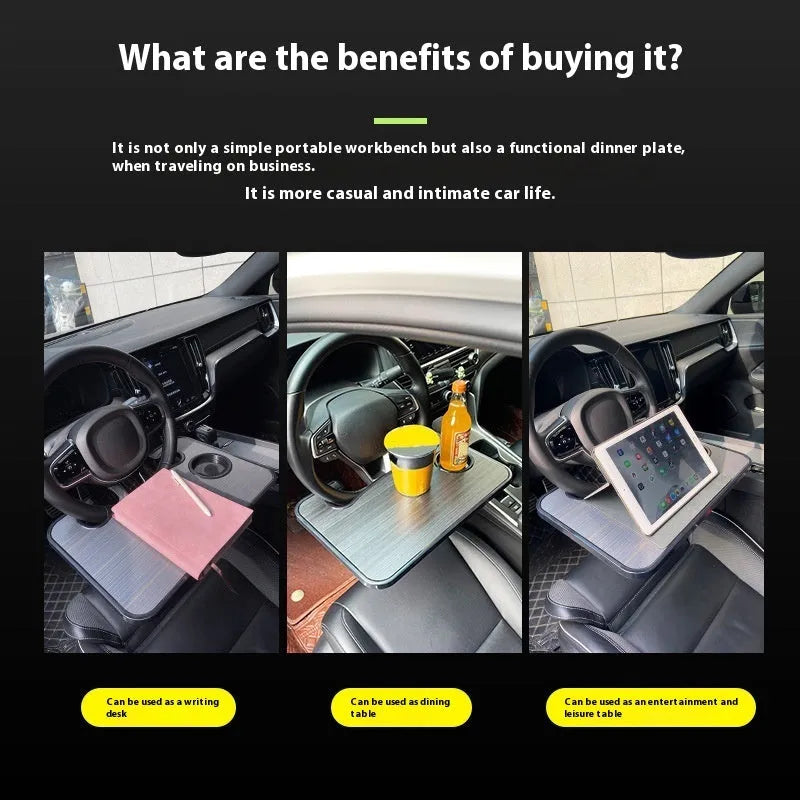 Large black ABS car steering wheel laptop stand with integrated foldable cup holder, mounted on a car steering wheel.