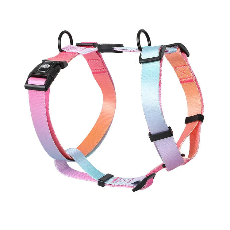 Gradient colour pet harness for dogs and cats in purple, blue, neon, and green pattern options