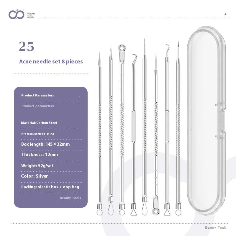 4-piece metal acne needle set with ultra fine pointed tips on silver background