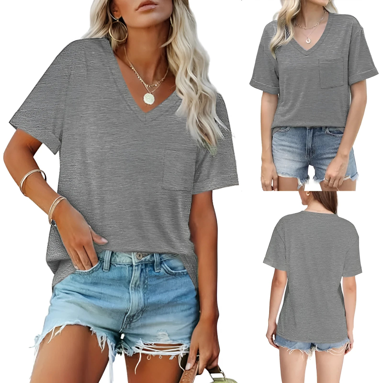 Grey loose fit V-neck T-shirt with front pocket, short sleeves