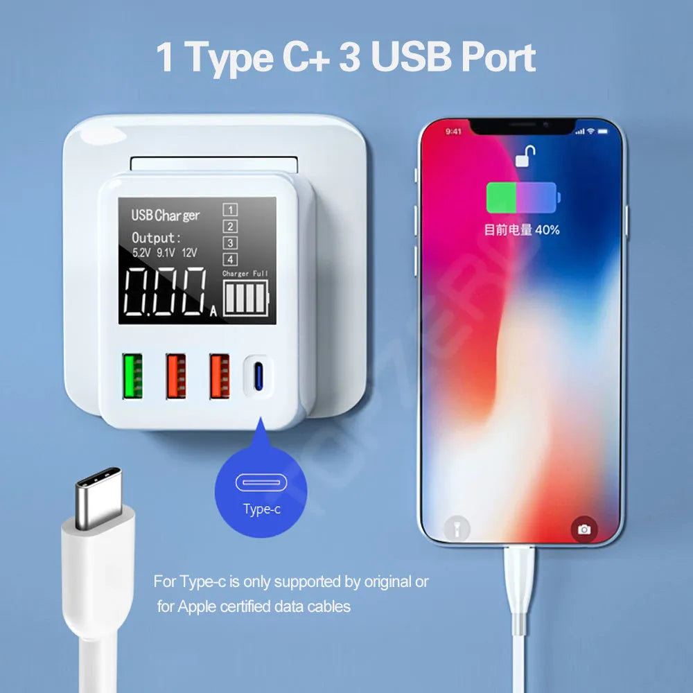 White 4-port QC3.0 and Type-C fast travel charger with optional British plug