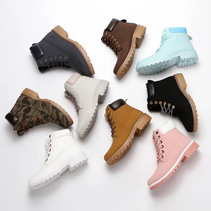 Men's pink high-top lace-up Martin boots with velvet lining and a flat rubber sole.