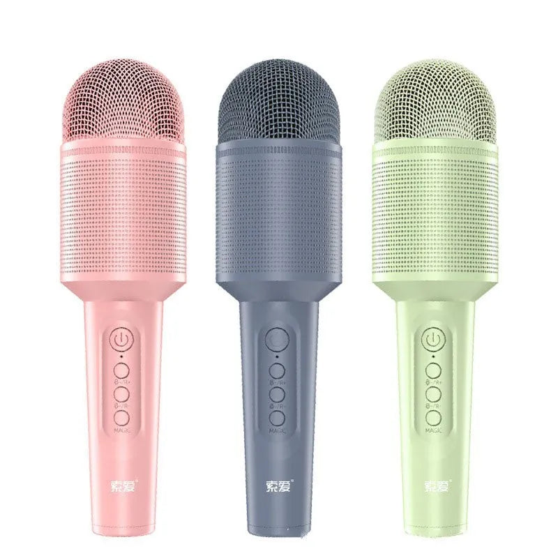 Wireless Bluetooth karaoke microphone in pink, blue, or green colour with USB port.