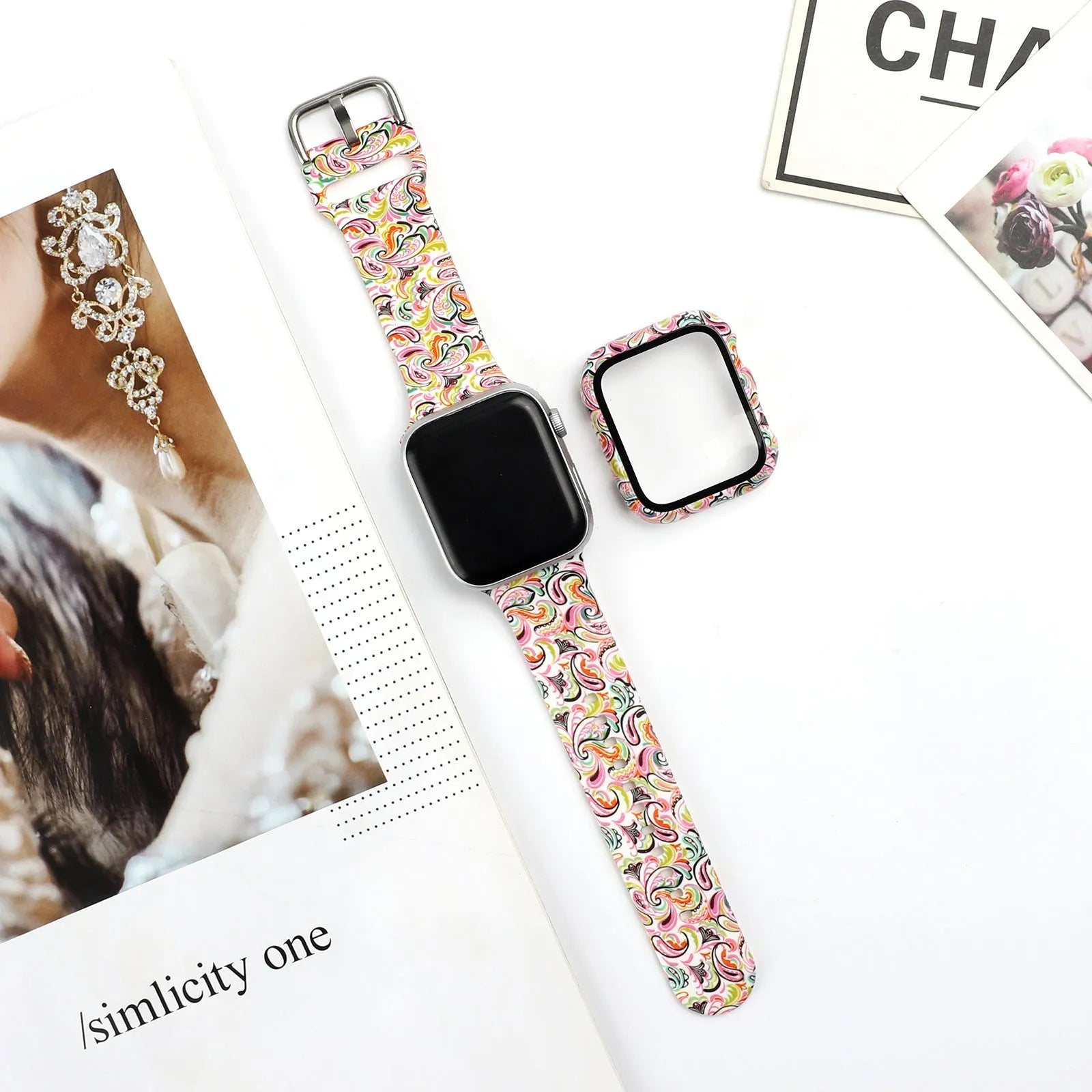 Printed fashion silicone replacement strap for Apple Watch showing multiple design options and 38mm 40mm 42mm 44mm size compatibility.