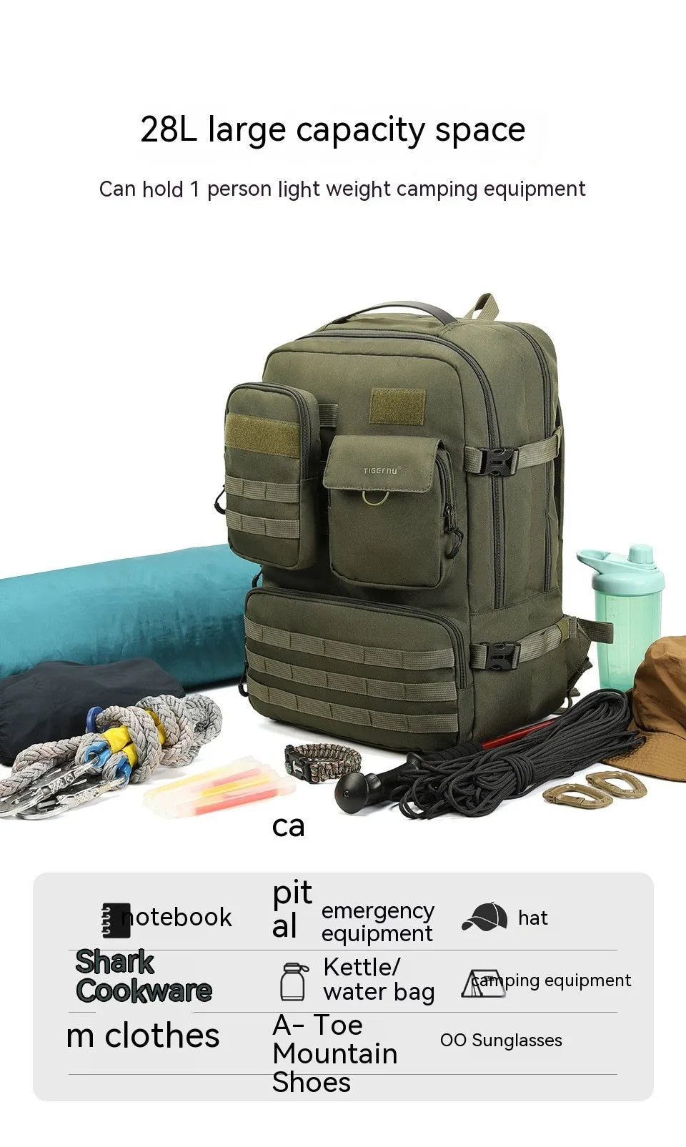 Army Green tactical nylon backpack with 17-inch laptop compartment and 20-35L capacity.
