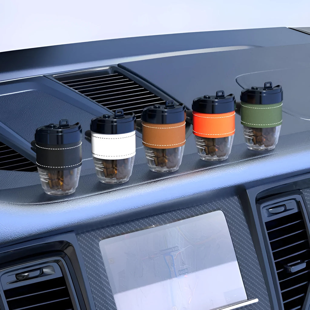 Coffee cup shaped solid car air freshener in choice of colours for vehicle odour removal