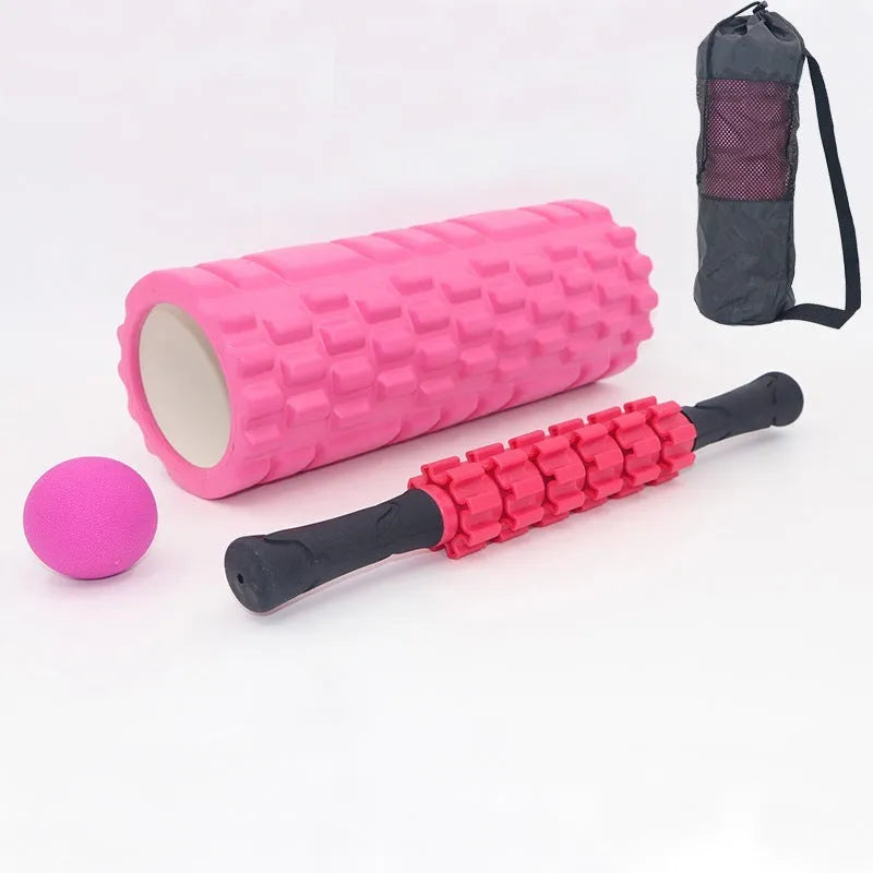 Black fitness foam roller measuring 33cm length with six massage pieces for muscle therapy